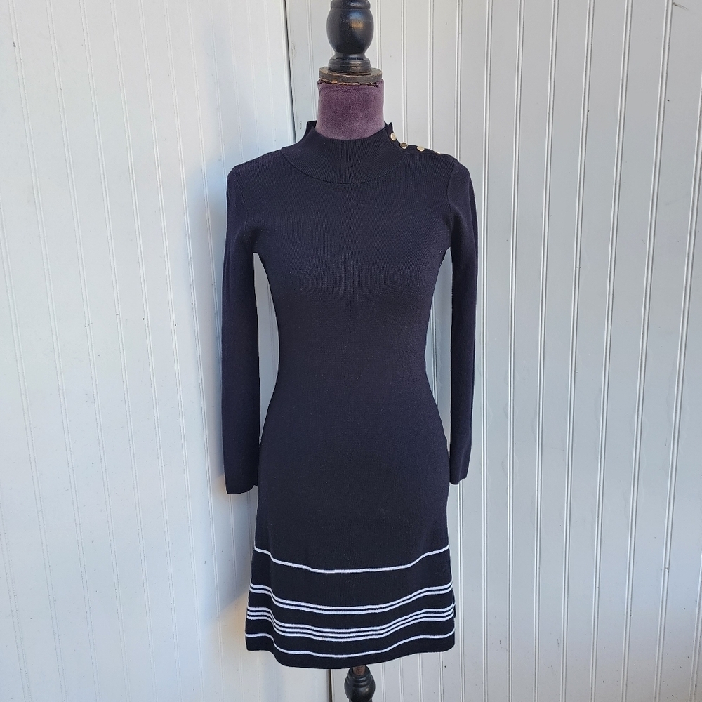 ann taylor black white Stripe mock turtle neck dress Knit Sweater Petite XXSP